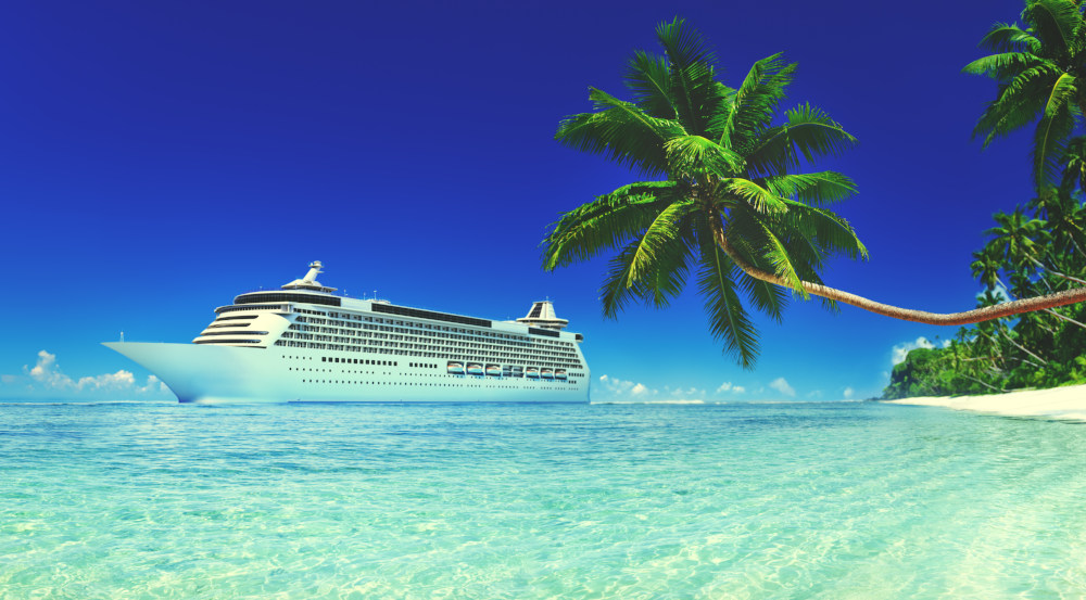  Luxury cruise ship docked on exotic island 